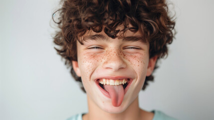 Teenage boy with a mischievous expression, sticking his tongue out and winking at the camera. 