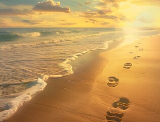 Canvas Print - Golden Hour Footprints on a Monet-Inspired Beach