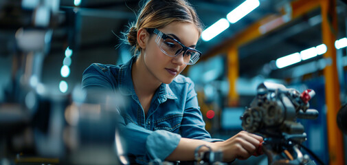 Confident female worker skillfully operating high-tech machinery in a modern automotive manufacturing setting, candid shot