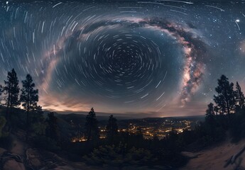 Wall Mural - Milky Way Galaxy Star Trails Over City