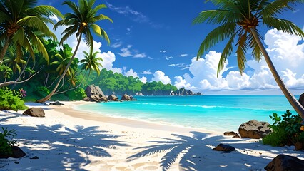 Wall Mural - Tranquil tropical beach with white sand, palm trees and blue ocean. Perfect vacation destination with clear water, blue skies and green vegetation.