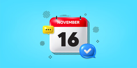 Poster - Calendar date of November 3d icon. 16th day of the month icon. Event schedule date. Meeting appointment time. 16th day of November. Calendar month date banner. Day or Monthly page. Vector