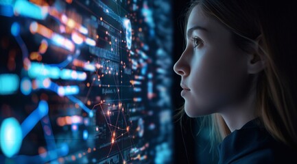 AI cyber security concept. female IT specialist analysing artificial intelligence threats to consumer data and privacy leaks. Technology cyberspace software analyst.