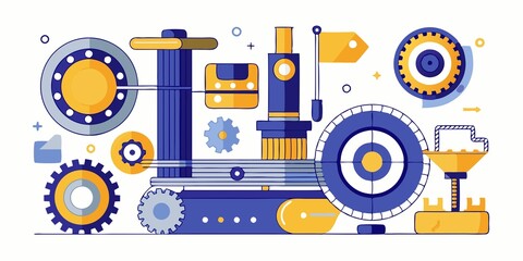 Wall Mural - parts, industrial, white background, minimalist, Isolated industrial machinery parts arranged on white background, showcasing their minimalist design.