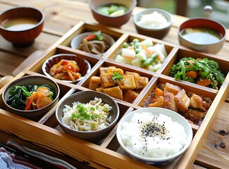 A delicious and healthy Japanese meal with rice, vegetables, and fish