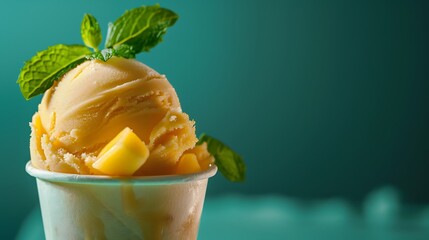 Wall Mural - Mango ice cream in the box with emerald background