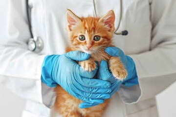 Wall Mural - Veterinarian Holding Cute Kitten During Examination