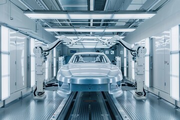 Aufkleber - Two robotic arms paint a car in a modern automotive painting shop. Generative AI