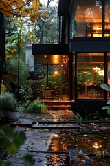 Poster - Modern Black House with Glass Windows and Warm Lights in Autumn