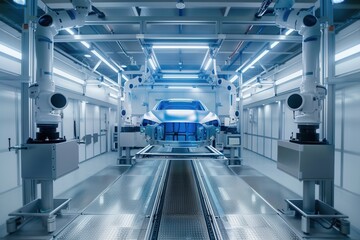 Leinwandbilder - Robotic painting systems are used to paint a car body in a modern automotive factory. Generative AI