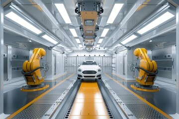 Fototapete - Robotic arms paint a white car in a modern, well-lit automotive paint shop. Generative AI