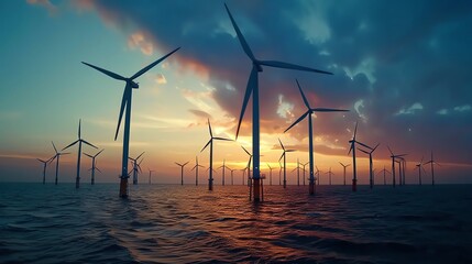 Wind turbines stand tall in a vast ocean at sunset, showcasing renewable energy potential.