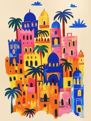 a painting of a city with palm trees