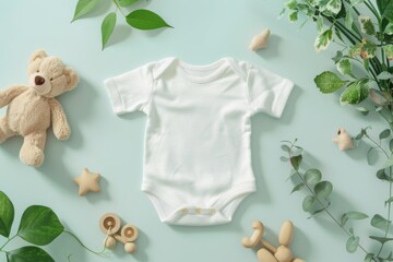 Wall Mural - Gender neutral infant bodysuit mockup with teddy bear and wooden toys on pastel background