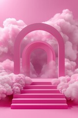 Poster - a stairway leading to a pink tunnel with clouds