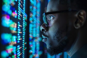 data analyst in glasses scrutinizing big data on computer screen for programming analysis
