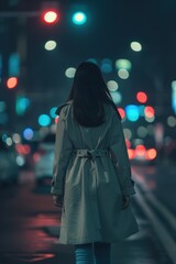 Poster - a woman walking down a street at night