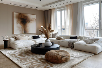 Wall Mural - Wicker and fabric pouf near white corner sofa. Minimalist interior design of modern living room.
