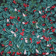 Poster - Foliage with red berries vector seamless pattern for textile design