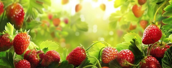 A bunch of red strawberries hanging from a tree. The background is blurry and has a soft, dreamy feel to it. Free copy space for text.