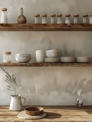 Wall Mural - Elegant Wooden Shelves in Minimalist Kitchen Mockup with 3D Rendering