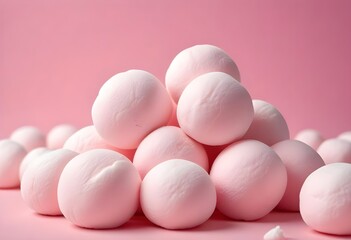 Soft pink marshmallows or cotton candy balls, close-up view of the fluffy, round confections against a pink background