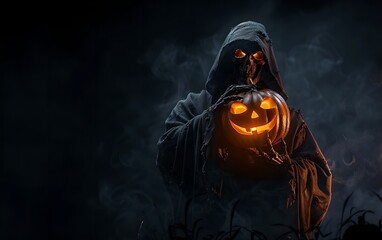 Grim reaper holding halloween pumpkin on black background with smoke. Carved Jack-o'-lantern. Death in black clothes. Scary haunting monster. Banner with copy space