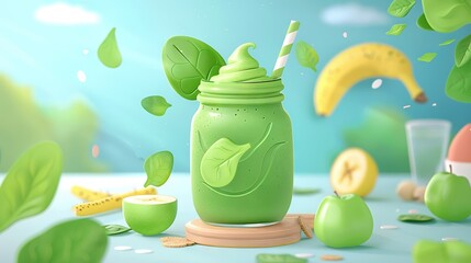 Poster -   A green smoothie with a straw in a jar, surrounded by green leaves and other fruit and veggies