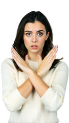 Wall Mural - woman wearing white sweater making stop gesture with arms crossed