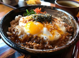 Japanese Rice Bowl with Eggs and Meat