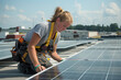© Peeradontax - A dedicated female technician is installing solar panels on a rooftop under a clear blue sky.