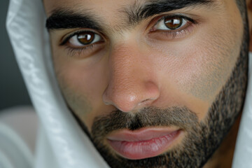 Wall Mural - Close-up portrait of a young man of Middle Eastern descent, studio photo, against a sleek gray studio backdrop