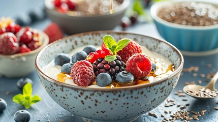 Wall Mural - A breakfast table set with a bowl of yogurt, topped with a mix of fresh berries, a sprinkle of flaxseeds, and a drizzle of maple syrup