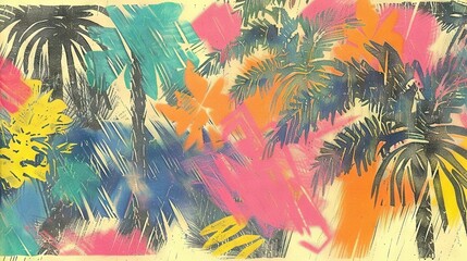 Sticker -   Palm trees painted with shades of pink, blue, yellow, green, orange, and pink