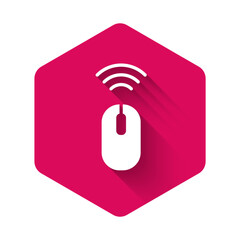 Sticker - White Wireless computer mouse system icon isolated with long shadow. Internet of things concept with wireless connection. Pink hexagon button. Vector