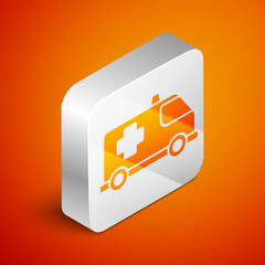 Wall Mural - Isometric Ambulance and emergency car icon isolated on orange background. Ambulance vehicle medical evacuation. Silver square button. Vector.