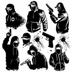 Wall Mural - Thief icon, criminal person sign, bandit in mask, burglar silhouette, killer, gangster or robber in balaclava