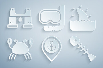 Sticker - Set Location with anchor, Shark fin in ocean wave, Crab, Dead fish, Diving mask and snorkel and Binoculars icon. Vector