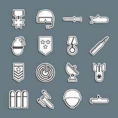 Poster - Set line Submarine, Biohazard bomb, Bullet, Military knife, Chevron, Hand grenade, reward medal and icon. Vector