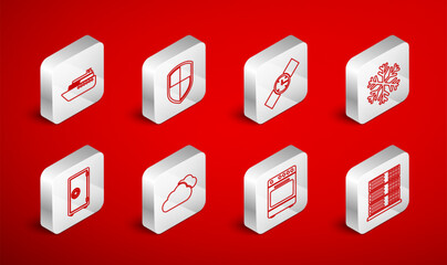 Poster - Set line Server, Data, Web Hosting, Shield, Wrist watch, Snowflake, Oven, Ship, Cloud and Safe icon. Vector