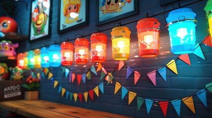 Wall Mural -   A wall with a wooden table, bench, and brightly lit lanterns hanging above it