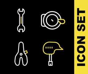 Poster - Set line Bicycle bell, helmet, seat and Wrench spanner icon. Vector