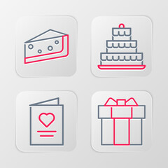 Sticker - Set line Gift box, Postcard with heart, Cake burning candles and Piece of cake icon. Vector