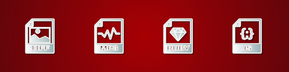 Set TIFF file document, MP3, RUBY and JS icon. Vector
