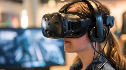 A virtual reality headset being used for employee training in a simulated work environment