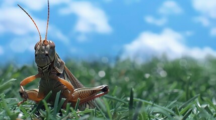 Wall Mural -   A grasshopper close-up on a grassy field with a blue sky and cloud background