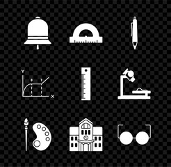 Wall Mural - Set Ringing bell, Protractor grid for measuring degrees, Pen, Paint brush with palette, School building, Glasses, Pie chart infographic and Ruler icon. Vector