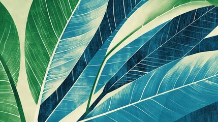 Poster -   A high-resolution image of a blue and green plant with long, thin green leaves on both sides