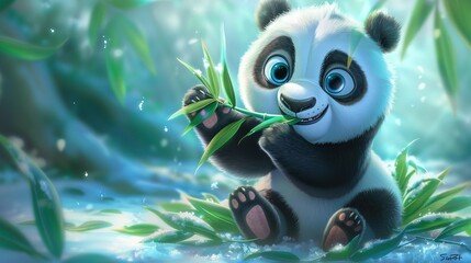 Wall Mural -  A panda bear holds a bamboo plant, surprised expression on face