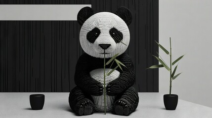 Wall Mural -   A black and white panda bear sits beside two small pots with a bamboo plant in its mouth